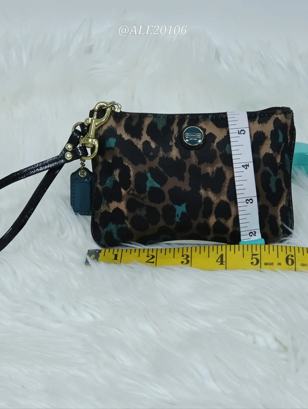 Coach Leopard Print Wristlet Zip Pouch Brown Teal Small Bag